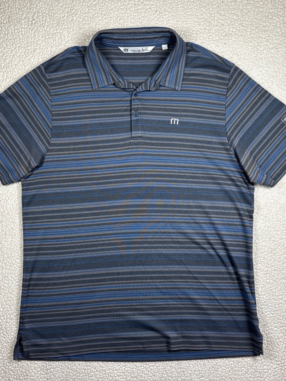 Travis Mathew TPC Sawgrass Men’s Heather Gray Blue Stripe Polo Shirt Size XL S/S